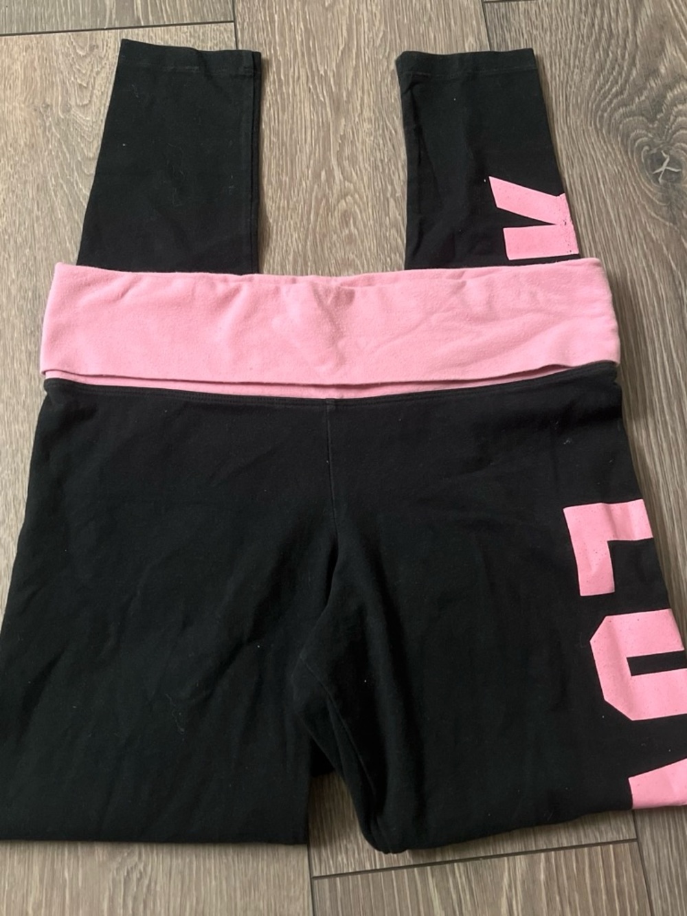 PINK Victoria's Secret Black Leggings with Pink Fold-Over Waistband